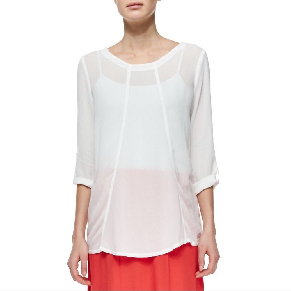 XCVI Tabitha Tabbed-Sleeve Georgette White Top XL